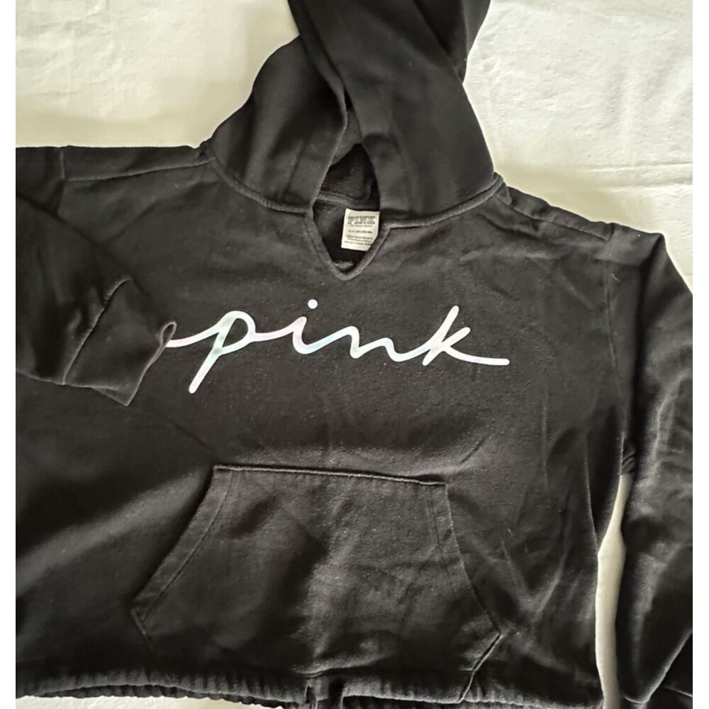 Victorias Secret Pink Cropped Hoodie Black Opalescent Logo Size Small